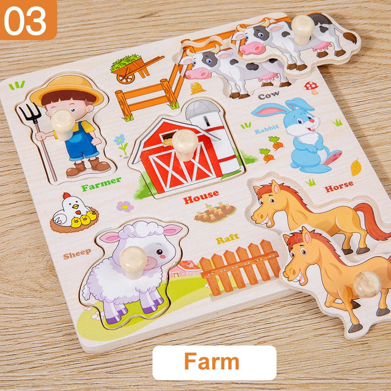 Wooden Puzzle Montessori Toys for Kids Cartoon Animal Traffic Hand Grab Boards Early Learning Educational Toys for Children