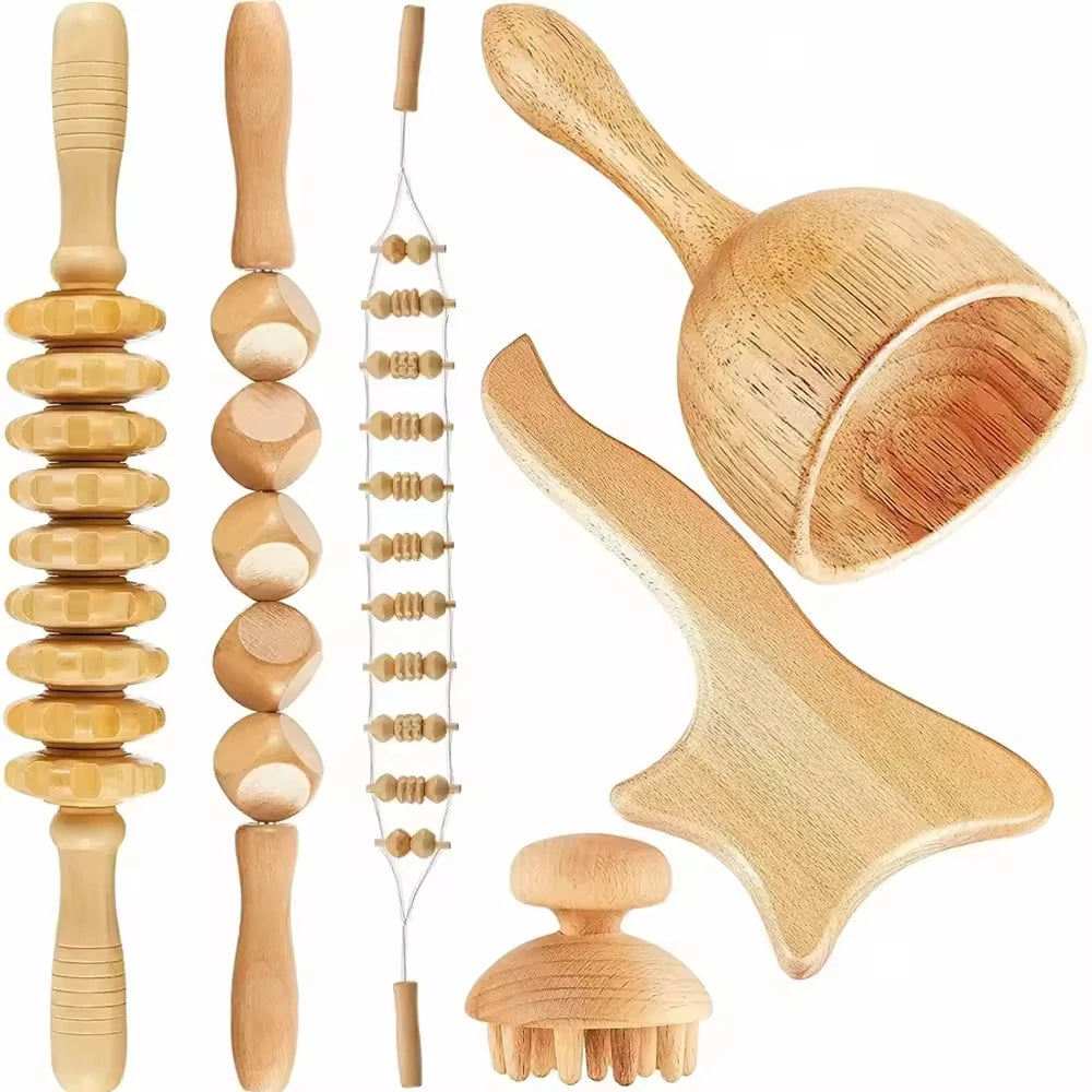 Wooden Guasha Massage Wood Tool Scalp Massager Full Body Muscle Pain Relief Therapy Wood Therapy Massage Tools Set